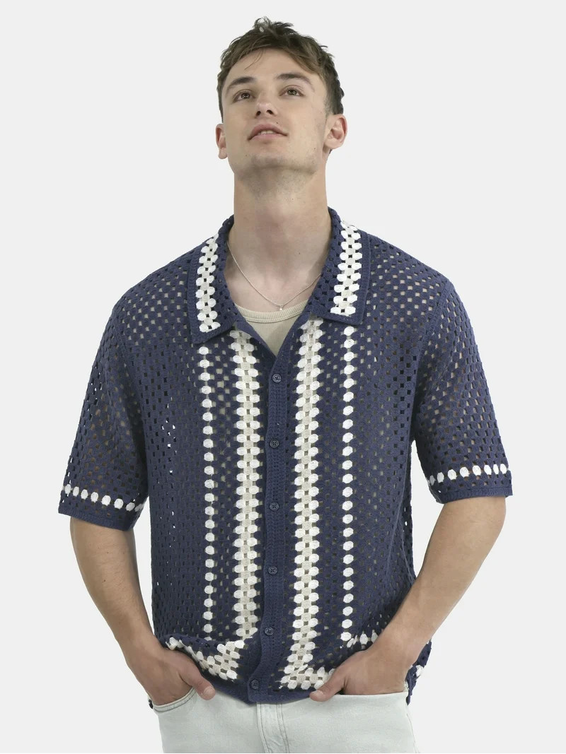 No Boundaries Faux Crochet Button-Up Polo Shirt, Men's and Big Men's | Walmart (US)
