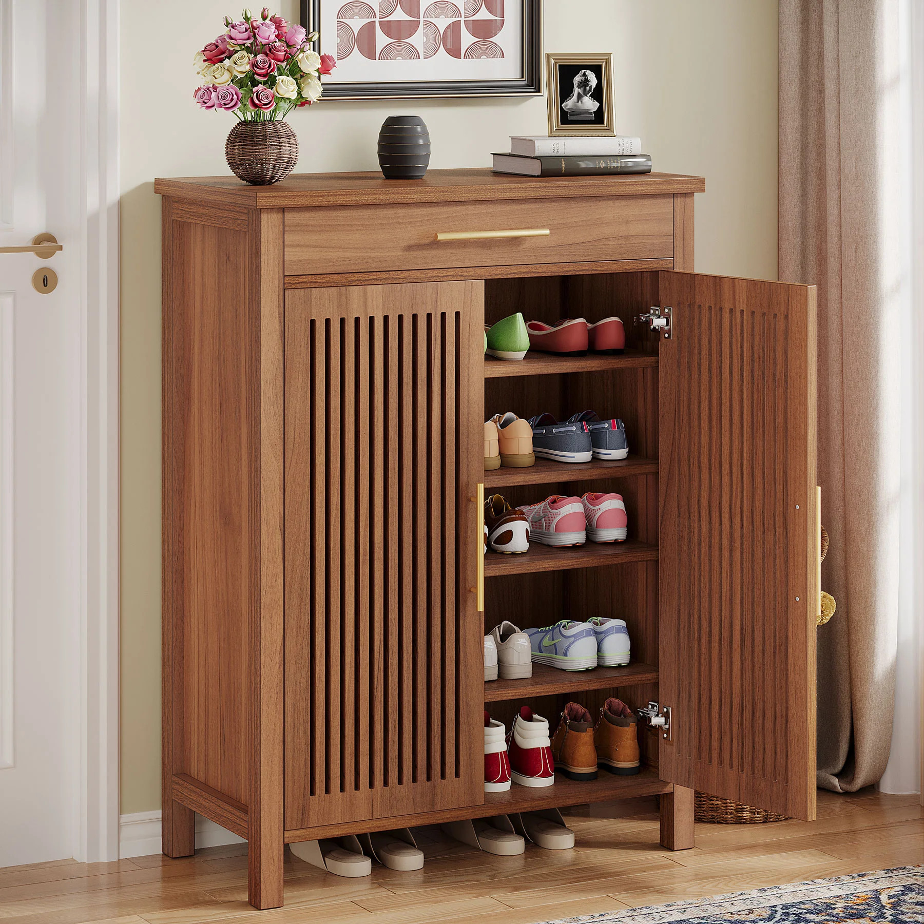Latitude Run® 5-Tier Shoe Storage Cabinet With Doors And Drawer, Freestanding Wooden Shoe Rack O... | Wayfair North America