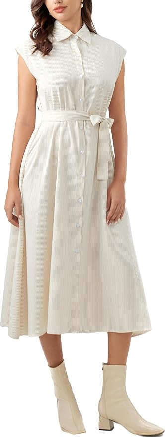 Dresondue Stripe Shirt Collar Button Short Sleeve Long Shirtdress Bow Belt with Pockets White Mid... | Amazon (US)