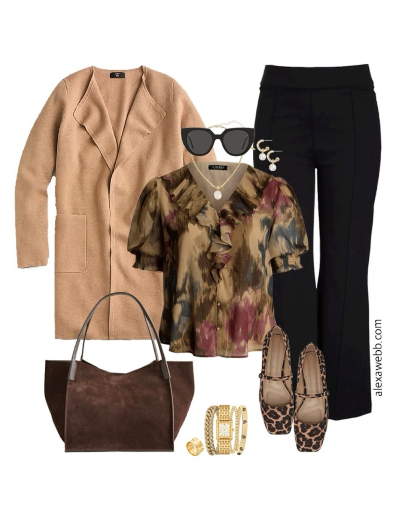 Plus size fall business casual work capsule wardrobe with cardigan blazer, floral blouse, black flare pants and leopard Mary Jane flats. Alexa Webb 

#LTKWorkwear #LTKStyleTip #LTKPlusSize