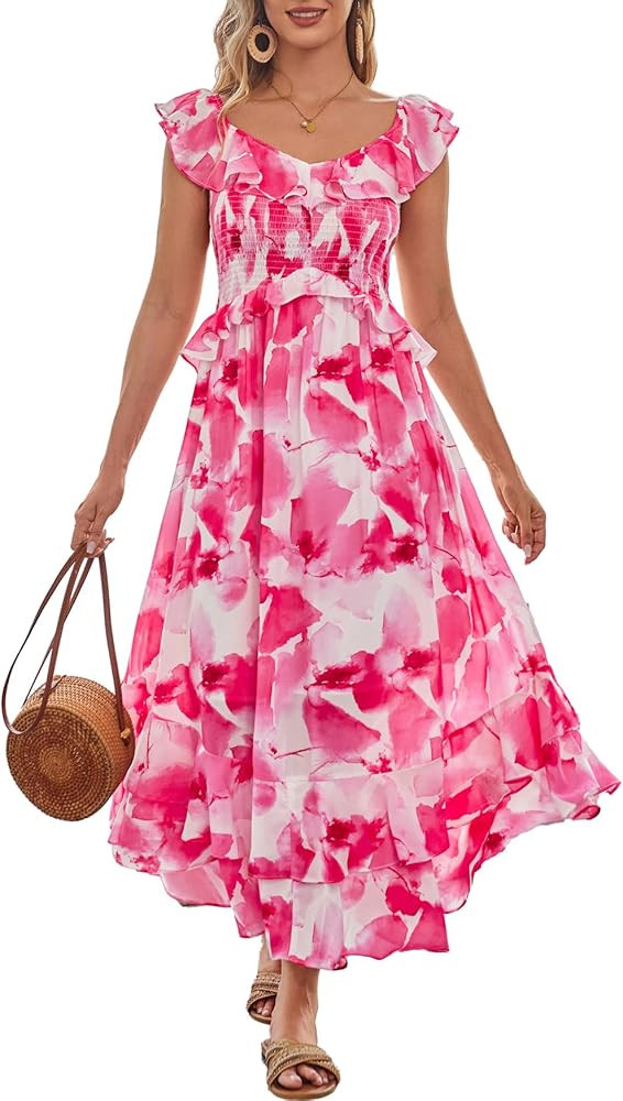 GRACE KARIN Women's 2024 Summer Casual Flowy Floral Sleeveless Dress Ruffle V Neck Layered Long B... | Amazon (US)