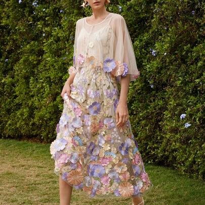 Heavy Floral 3D Flower Mesh Sheer Long Dress, For Festival, Going Out, Vacation Outfits - Women Womens Dresses Spring Wedding 3d Floral Dress Floral W | SHEIN