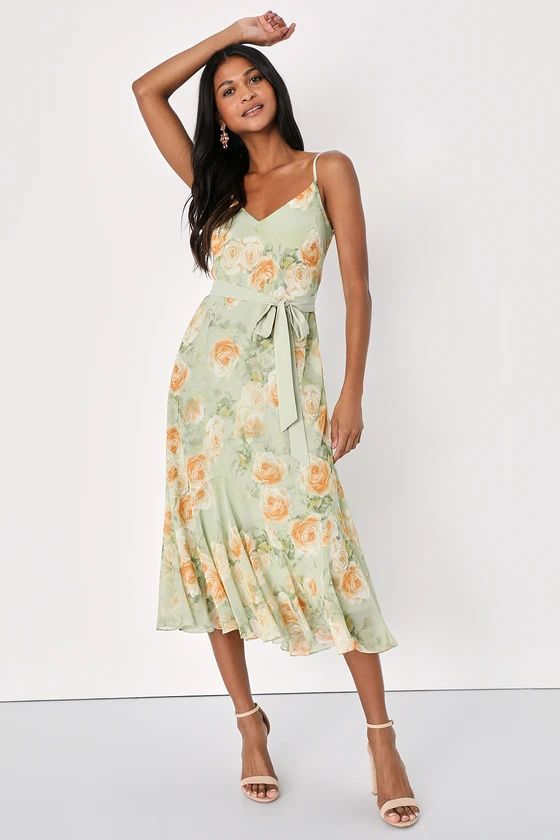 Unparalleled Elegance Sage Green Floral Chiffon Midi Dress | Lulus (US)