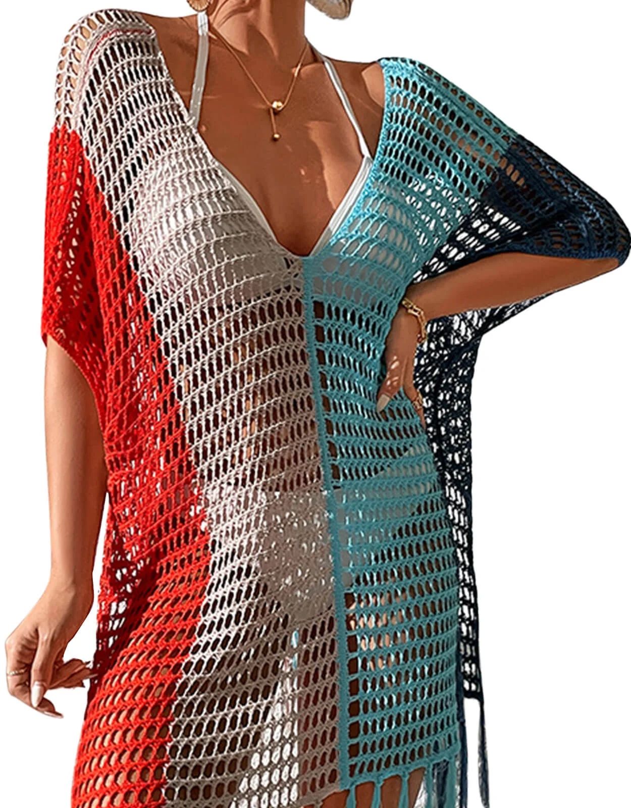 Swimsuit Coverup for Women Crochet Hollow See-through Bathing Suit Cover Ups Color Stitching Beac... | Walmart (US)
