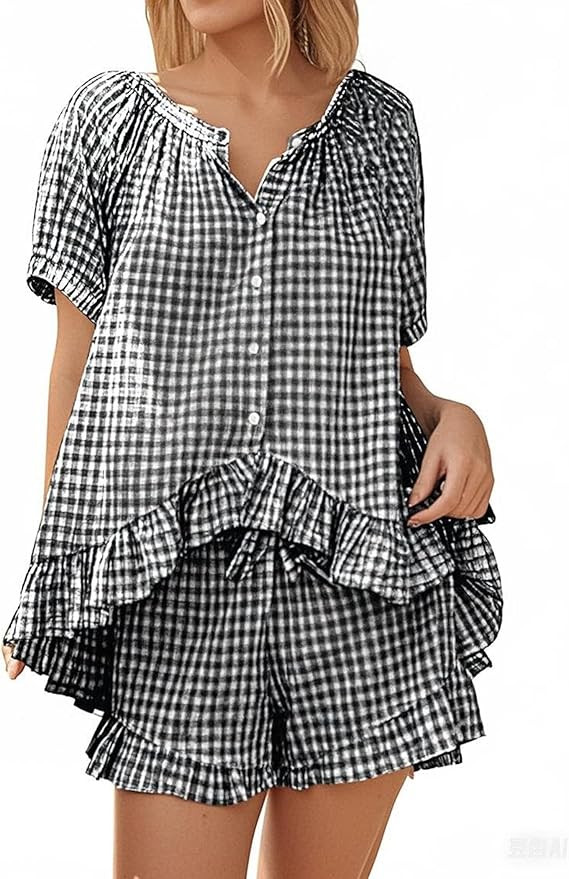 Womens 2 Piece Gingham Pajama Set Plaid Outfits Cute Ruffle Pajamas Checkered Cotton Pjs Short Sl... | Amazon (US)