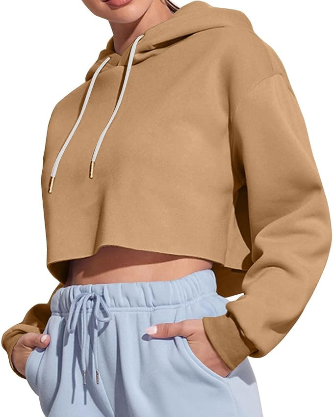 Women's Drawstring Cropped Hoodie Casual Hooded Sweatshirt Workout Crop Tops Fall Long Sleeve Hoo... | Amazon (US)