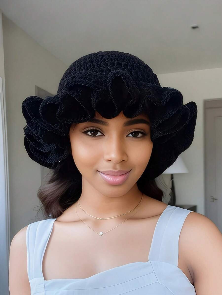 1pc Women Handmade Crochet Ruffle Brim Knit Cap, Stylish Ruffled Knitted Hat For Autumn/Winter | SHEIN