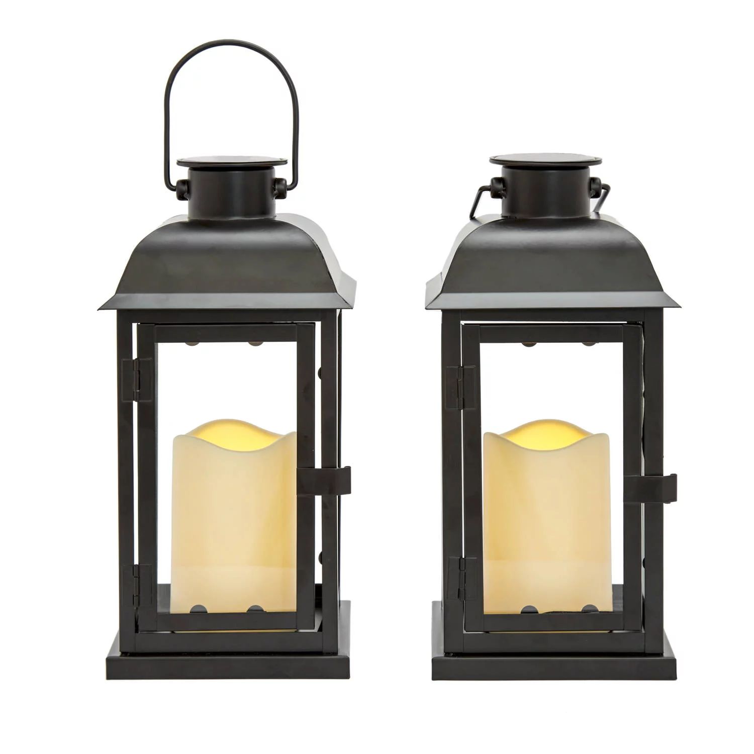 LampLust Black Outdoor Solar Lanterns, Set of 2 - 11" Tall Metal and Glass Lanterns with Solar Pa... | Walmart (US)