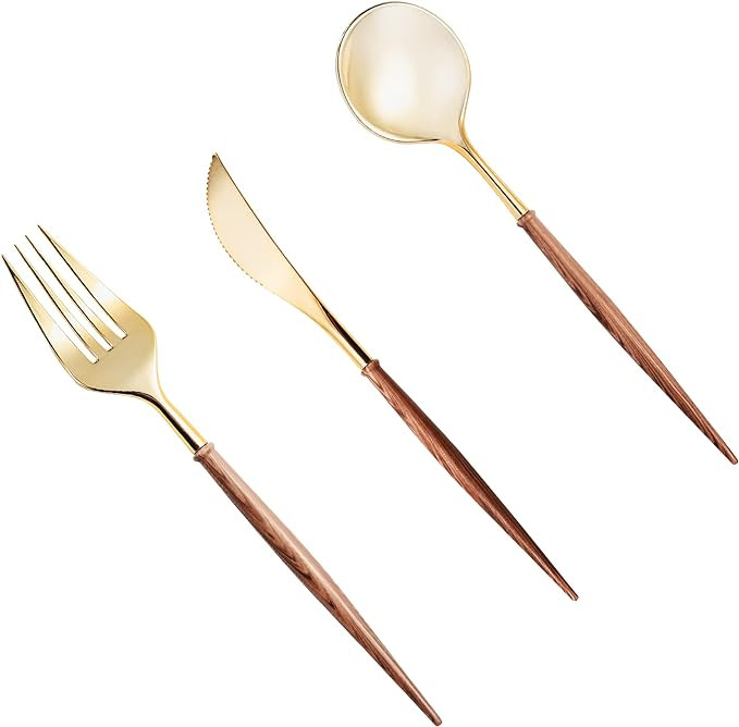Lullaby 120PCS Gold Plastic Silverware, Gold Disposable Cutlery with Wood Grain Handle Include 40... | Amazon (US)