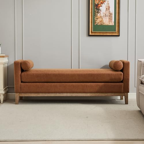 Elegant Bedroom Bench, 66.34" W Ottoman Daybed with Wood Legs & 2 Bolster Pillows, Upholstered Bench Perfect for Bedroom, Living Room, Entryway, (Brown) | Amazon (US)