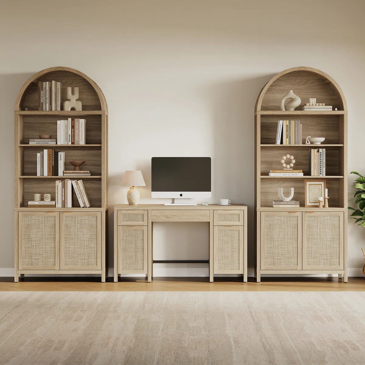 Boho Rattan 3-Drawer Storage Desk With 2 Cabinets And Adjustable Shelves | Wayfair North America