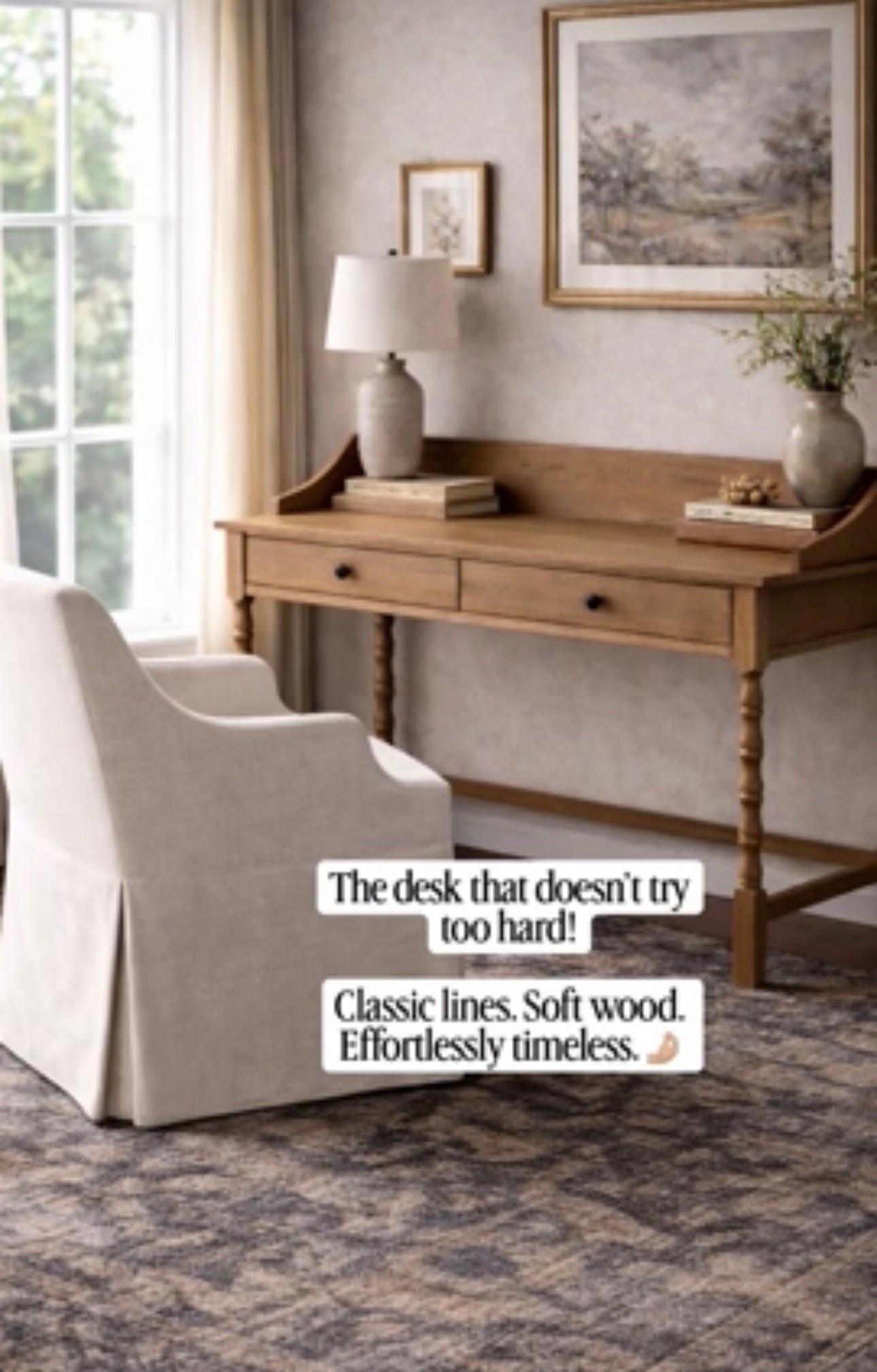 Why Does This Look So Expensive??
Turned legs, warm wood, and a silhouette I’m loving! The kind of piece that elevates a room instantly 🤌🏼

desk / home office desk / computer desk / writing desk / office desk / work from home desk /  desk for home office / small desk for home office / traditional desk / transitional desk / vintage style desk / classic desk design / neutral desk / wood desk

#HomeDecor #InteriorStyling #NeutralInteriors
#ModernTraditional #TimelessDesign
#HomeInspo #LayeredHome #LivingRoomInspo #InteriorDesignIdeas #DesignInspiration #CozySpaces #InteriorDetails #homestylinginspo #homerefresh

#LTKHome #LTKOver40 #LTKmomlife

#LTKHome #LTKdayinmylife