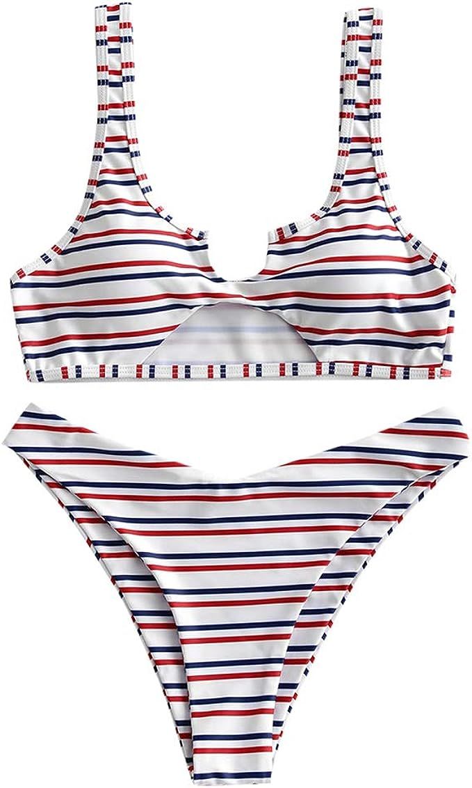 ZAFUL Women's Tie Dye V-Notch Cutout High Cut Bikini Set Two Piece Swimsuit | Amazon (US)