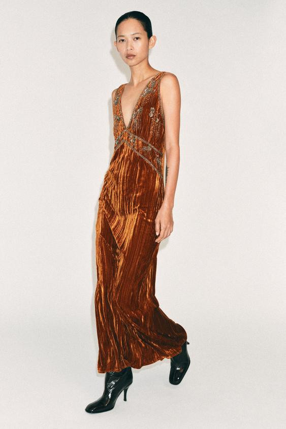 Zara - Zw Collection Velvet Beaded Dress - Orange - Xs - Woman | Zara US