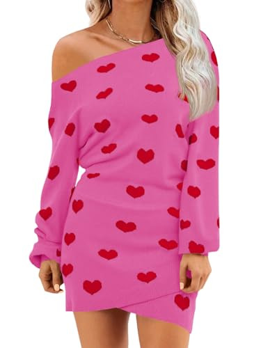 Wenrine Women's Off The Shoulder Sweater Dress Valentine Heart Long Sleeve Fall Winter Casual Knit Slim Fit Mini Dresses | Amazon (US)
