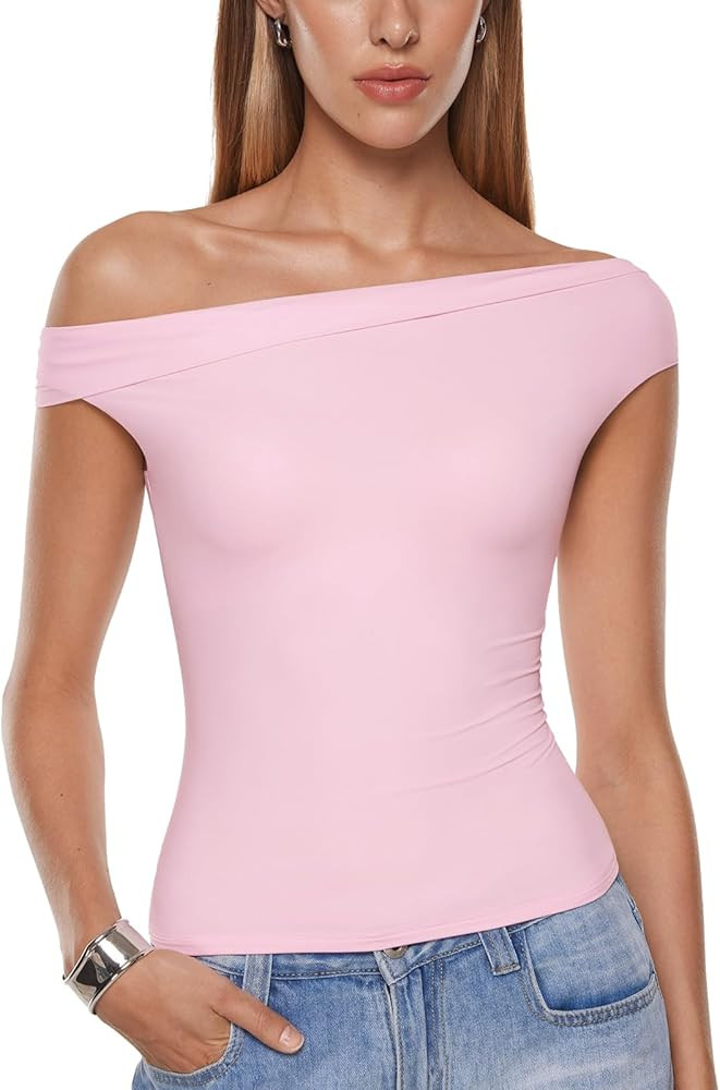 INLYRIC Women's Inbarely Soft Off The Shoulder Tops Versatile Going Out Trendy Shirts Y2K Spring ... | Amazon (US)