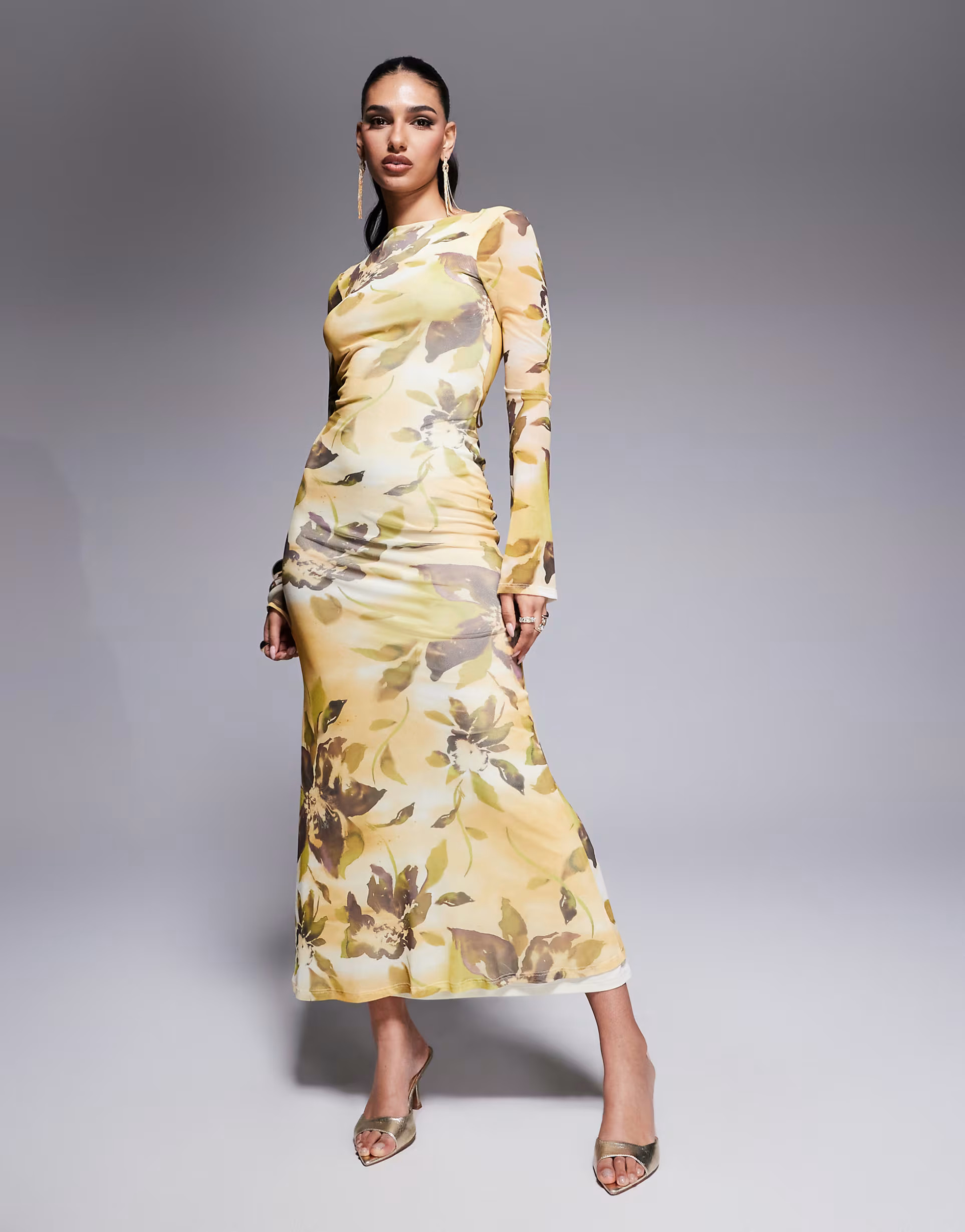 ASOS DESIGN angel sleeve mesh midi dress with open back and tie details in yellow floral print | ... | ASOS (Global)