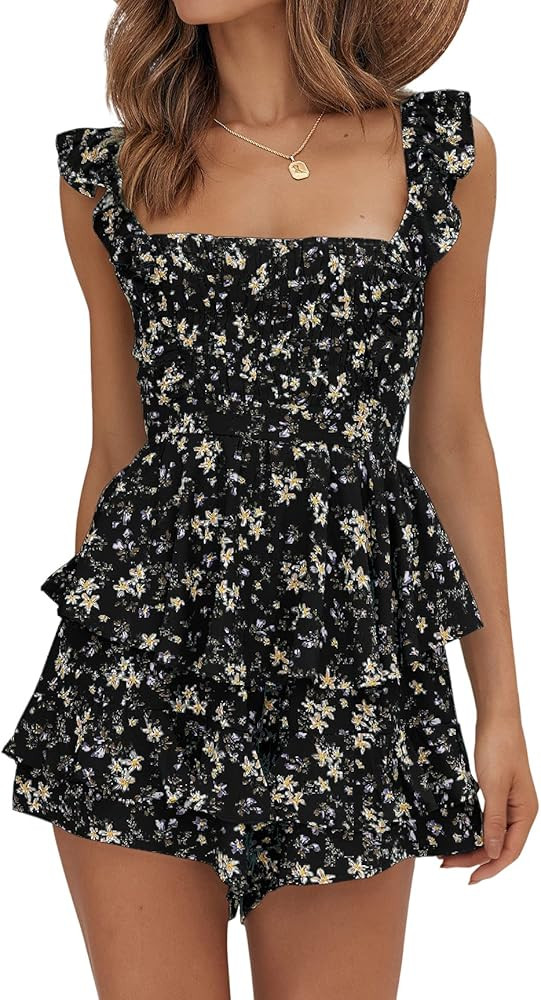 Farktop Womens Sexy Summer Romper Floral Square Neck Ruffle Strap Layer Hem Shorts Jumpsuits | Amazon (US)