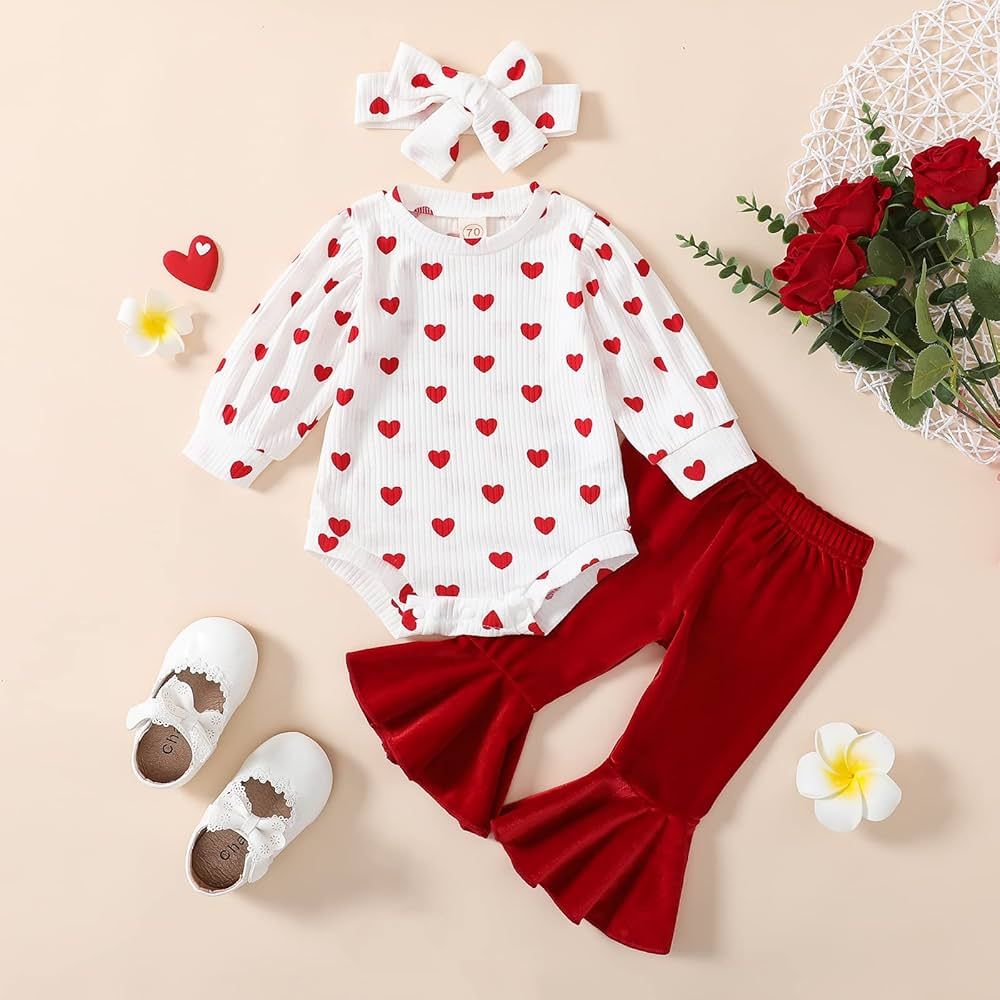 Infant Baby Girl Valentines Day Outfit Sweet Heart Print Long Sleeve Romper Tops+Red Velvet Flare Pa | Amazon (US)