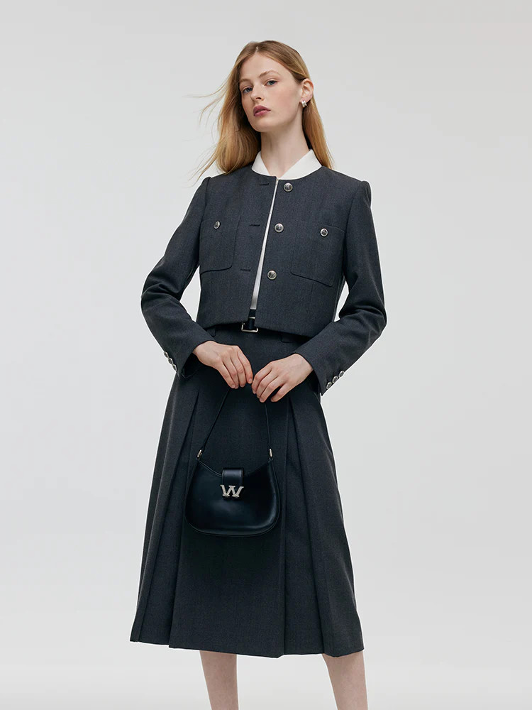 Wool Blend Crop Jacket And A-Line Skirt Two-Piece Set With Leather Belt | GOELIA
