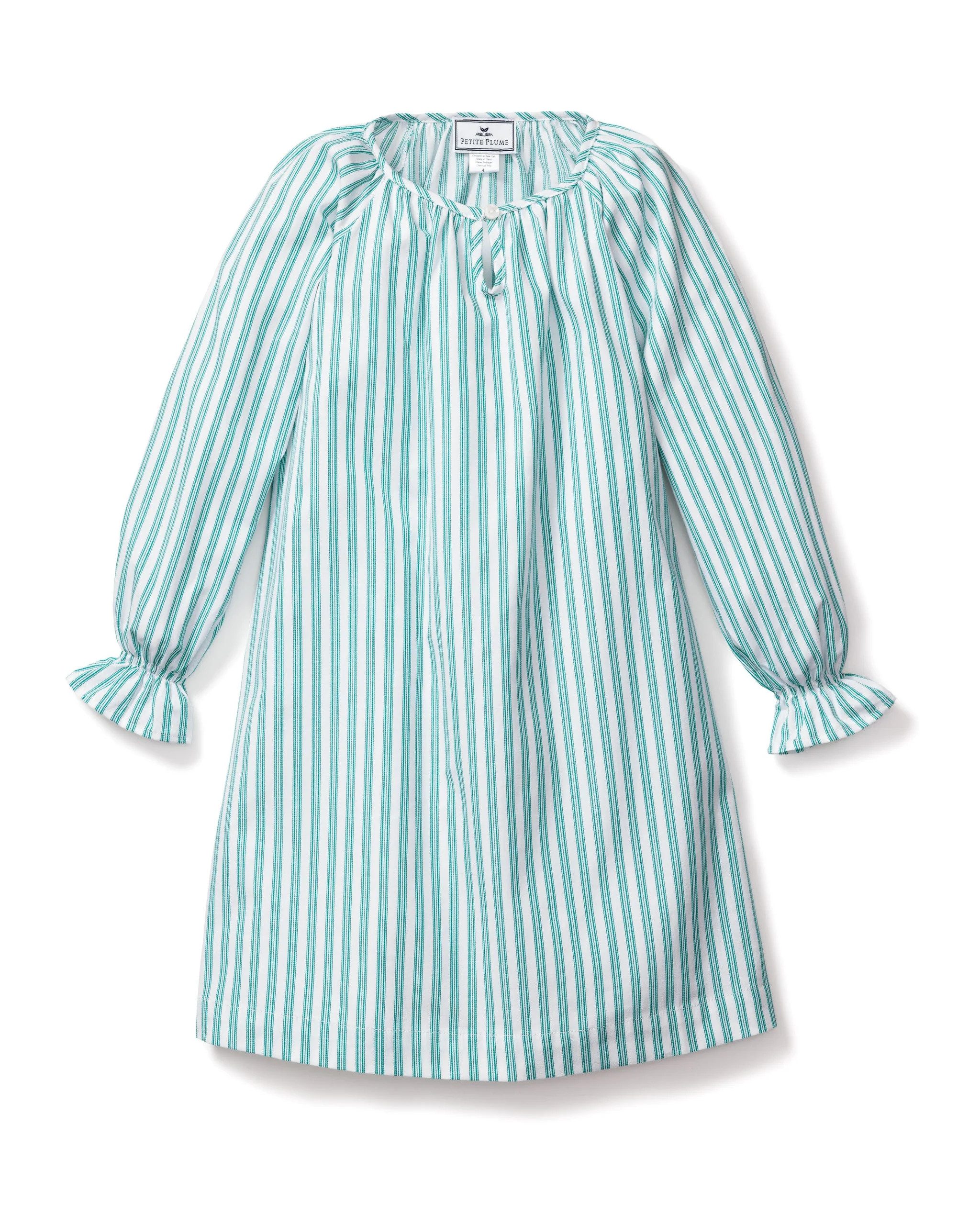 Girl's Twill Delphine Nightgown in Emerald Ticking | Petite Plume