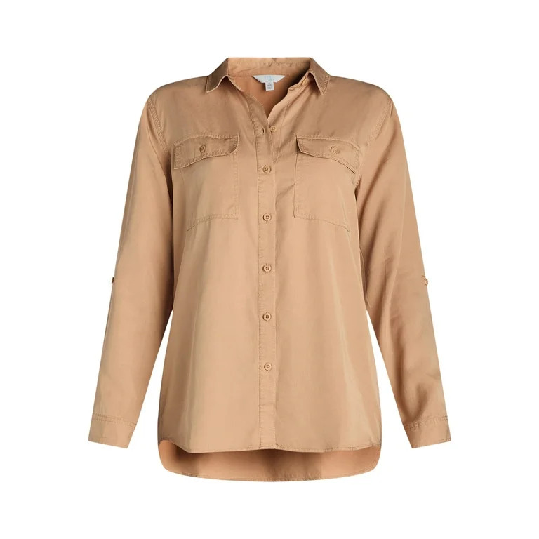 Time and Tru Women’s Button Front Utility Blouse with Long Sleeves, Sizes XS-XXXL | Walmart (US)