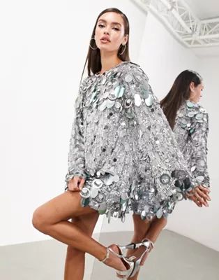 ASOS EDITION stacked multi sequin loose fit mini dress in gray | ASOS (Global)