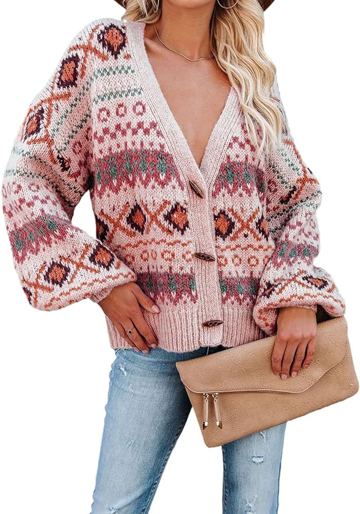 Paitluc Womens 2021 Winter Aztec Oversized Chunky Knit Button Cardigan Sweaters Coats | Amazon (US)