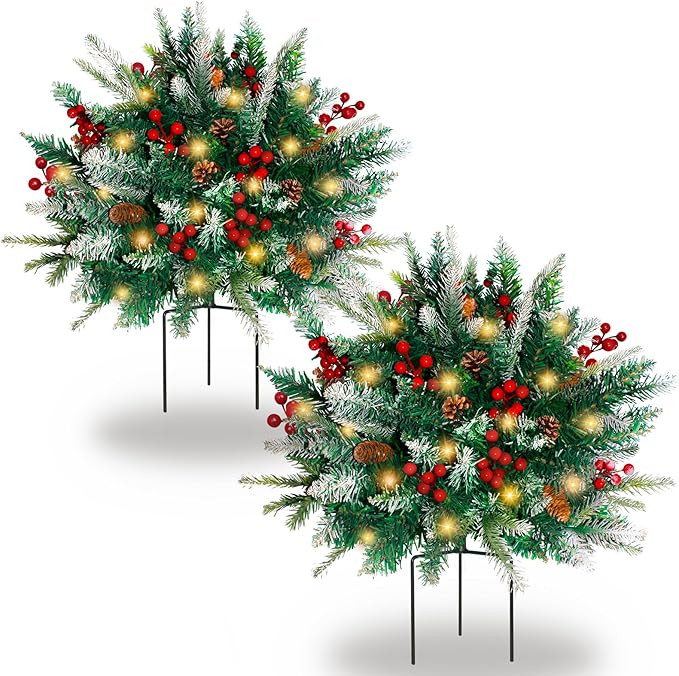 2 Pack Lighted Artificial Christmas Urn Filler, Battery Operated Pre-lit Xmas Pine Trees, Tripod ... | Amazon (US)