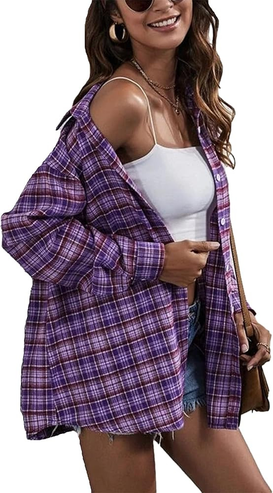 HangNiFang Oversized Purple Flannel Plaid Shirts for Women Long Sleeve Button Down Shirts Blouse(... | Amazon (US)