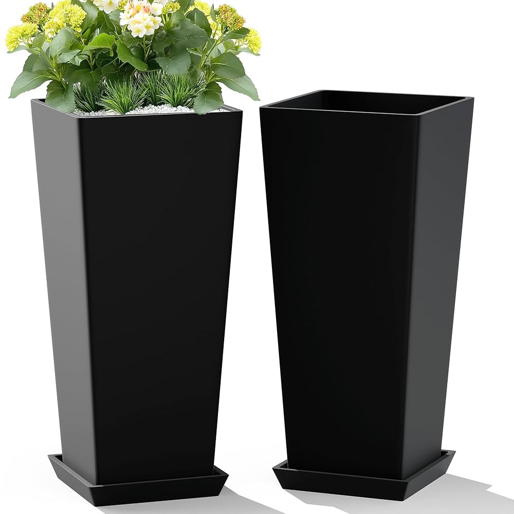 Set of 2 Large Tall Planter for Indoor or Outdoor 24" Flower Pots Tapered Tall Planters with Tray... | Amazon (US)