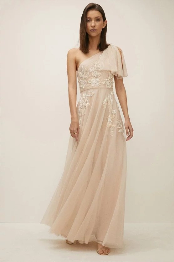 Beaded Flower One Shoulder Tulle Maxi Dress | Oasis UK & IE 