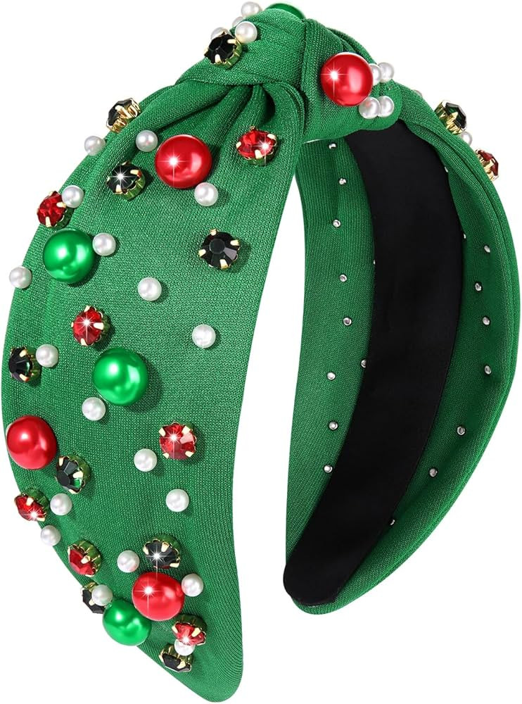 Christmas Pearl Knotted Headband for Women Red Green Pearl Rhinestone Crystal Jeweled Hairband Fashi | Amazon (US)