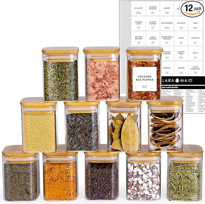 Laramaid 7oz 12Packs Glass Jars Set with 208 Minimalist Spice Labels, Square Spice Jars with Bamb... | Amazon (US)