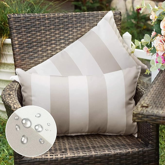 Western Home Pack of 2 Outdoor Waterproof Striped Throw Pillow Covers Beige Grey Decorative Pillo... | Amazon (US)