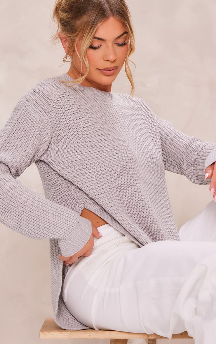 Grey Round Neck Side Split Knit Sweater | PrettyLittleThing US