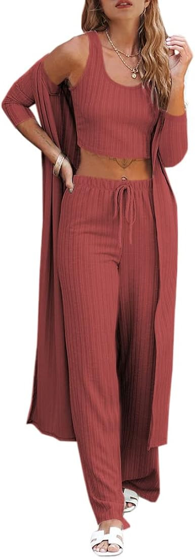 Womens Pajamas Set Fall Winter 3 Piece Loungewear Set Crop Top Loose Pants Cardigan | Amazon (US)