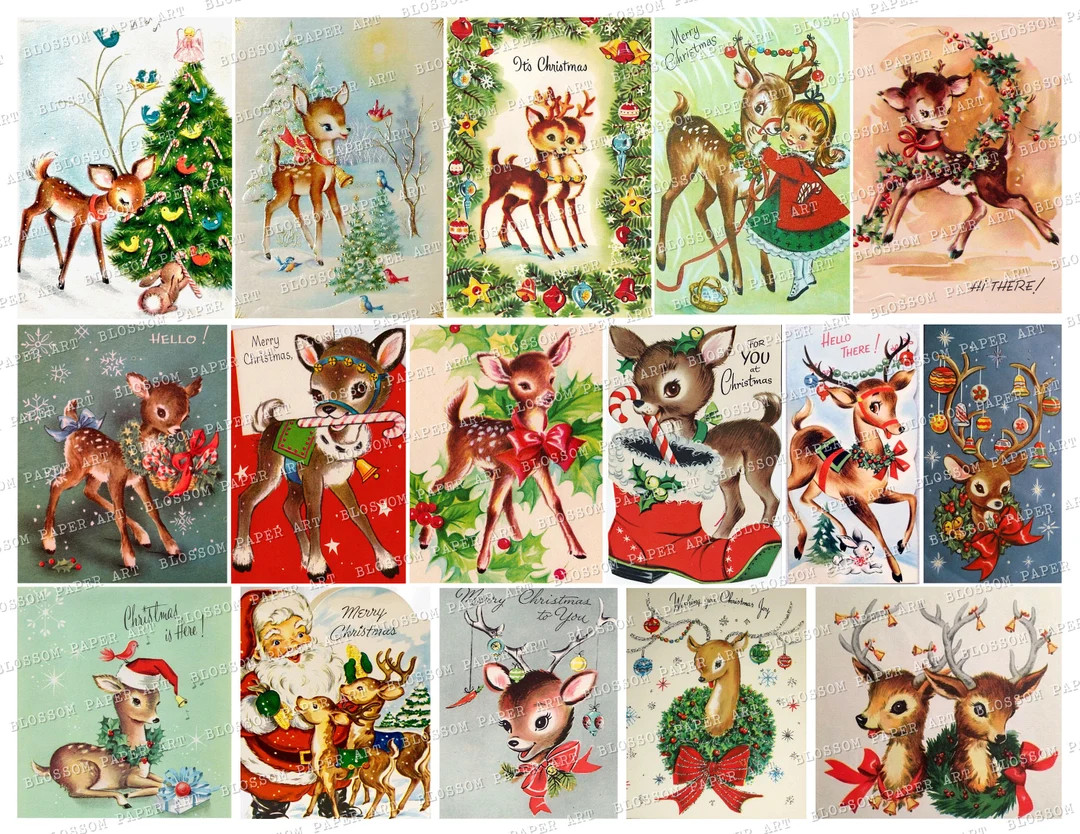 Vintage Christmas Deer Cards, Christmas Ephemera, Printable Vintage Greeting Cards, Junk Journal ... | Etsy (US)