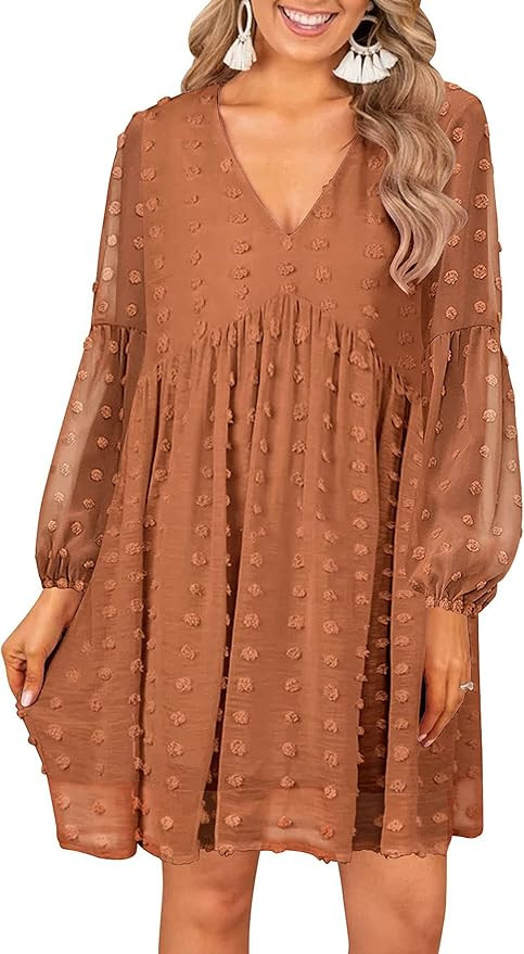 MIHOLL Women's V Neck Short Sleeve Ruffle Loose Summer Flowy Mini Dress | Amazon (US)