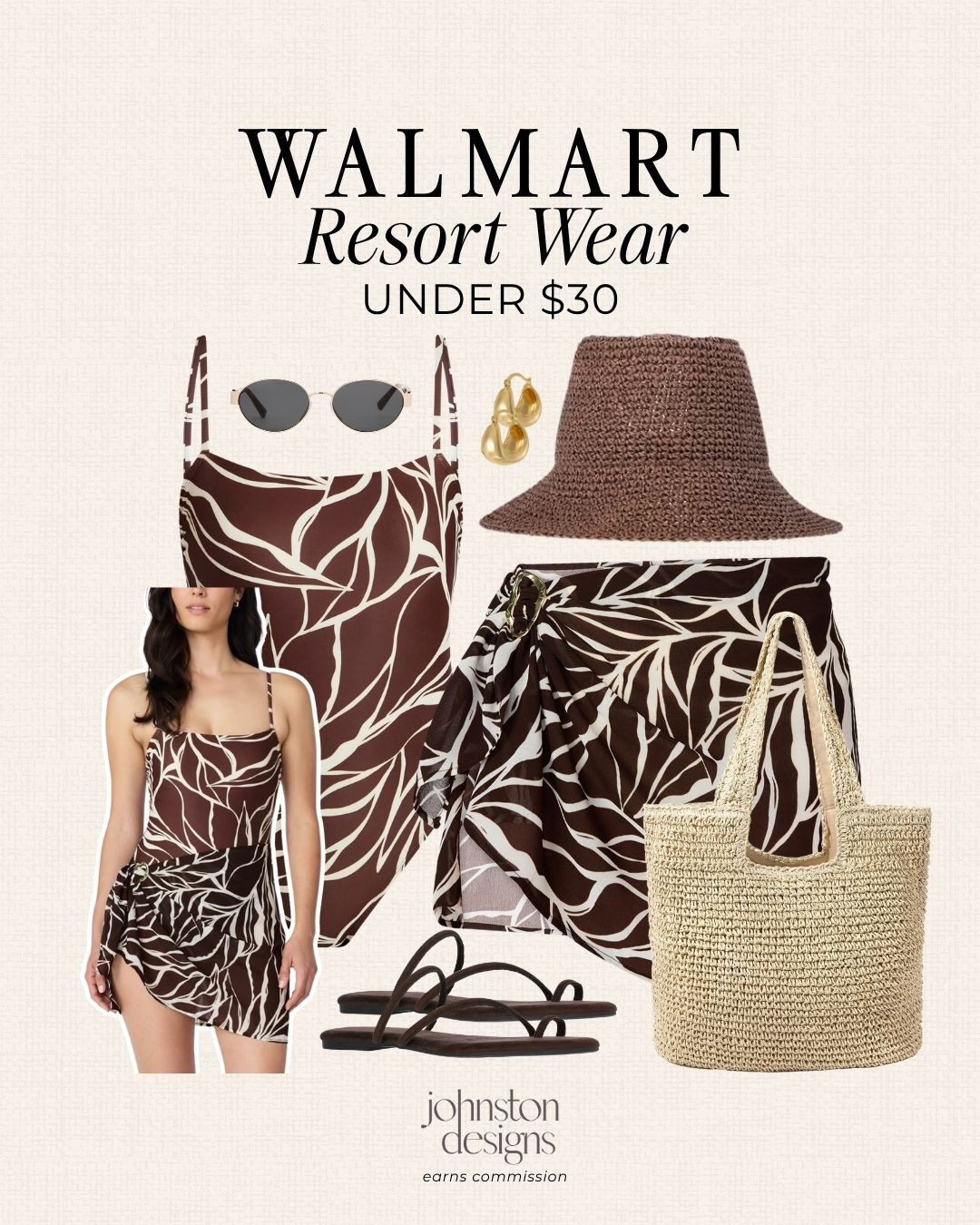 Walmart resort wear finds under $30. Love this brown palm print swimsuit, matching sarong, woven bag and summer accessories for a chic vacation look. ☀️

Walmart resort wear, Walmart fashion, resort wear under $30, vacation outfit, beach outfit, swimsuit cover up, brown swimsuit, palm print swimsuit, matching sarong, woven tote, crochet hat, summer sandals, vacation style, beach vacation finds, affordable resort wear, Walmart swim, summer accessories, tropical outfit, designer look for less 

 #LTKootd #LTKSwim #LTKTravel