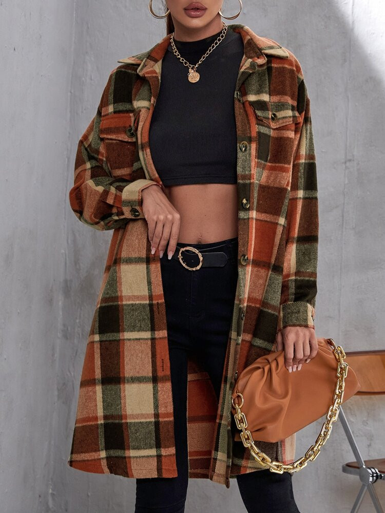 Plaid Flap Pocket Drop Shoulder Coat | SHEIN
