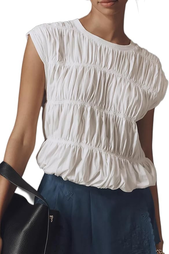 Womens Tiered Shirred Smocked Crop Tank Top Cap Sleeve Crew Neck Elastic Hem Y2K Going Out Blouse... | Amazon (US)