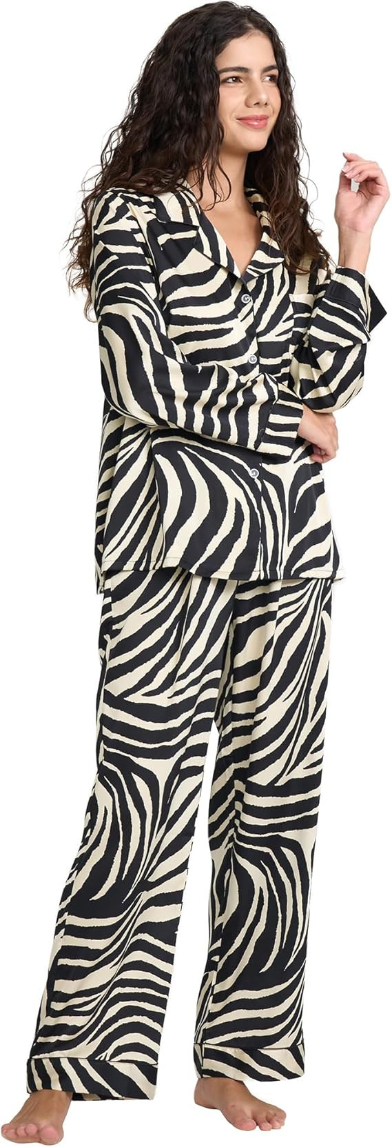 Womens Silk Satin Pajamas Set Button Down 2 Piece Pjs Long Sleeve Oversized Sleepwear with Pocket... | Amazon (US)