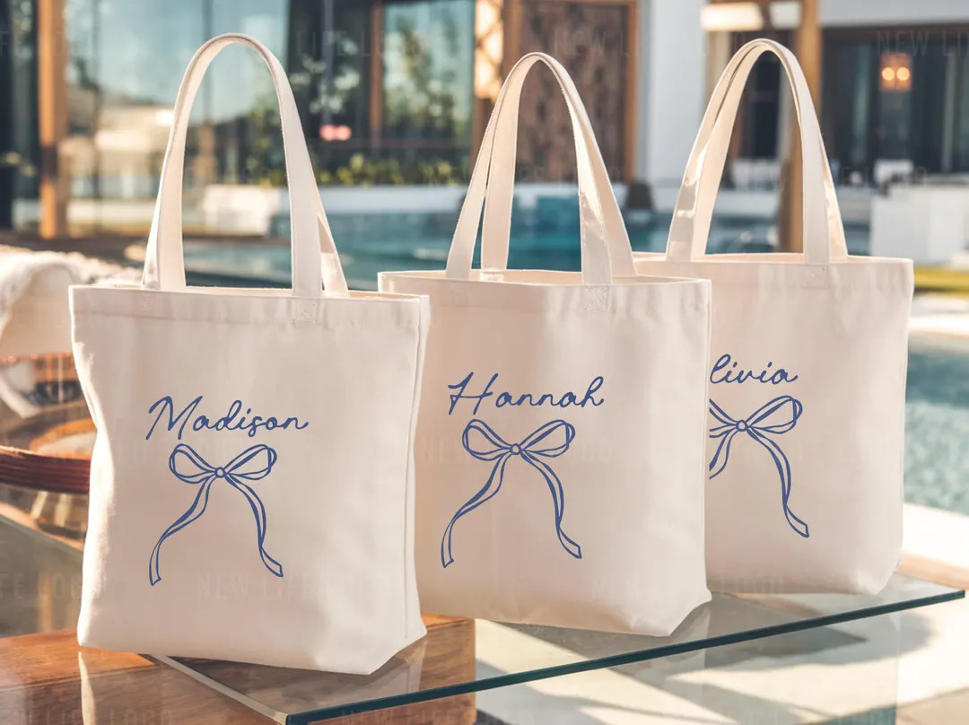 Bachelorette Tote Bag Beach Custom Name Coquette Bow Girls Trip Tying the Knot Canvas Tote Person... | Etsy (US)