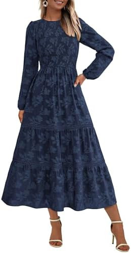 PRETTYGARDEN Women's Long Sleeve Boho Floral Midi Dress | Flowy Smocked A Line, Tiered Lace Trim,... | Amazon (US)