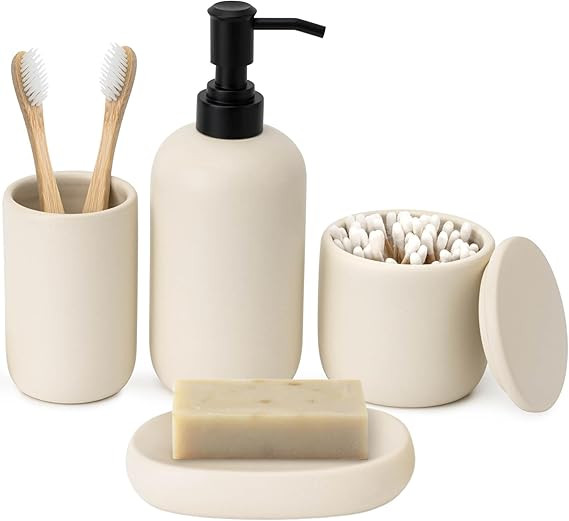 Off-White Ceramic Bathroom Accessories Set 4 Pcs - Modern Scandinavian Neutral Soap Dish & Dispen... | Amazon (US)