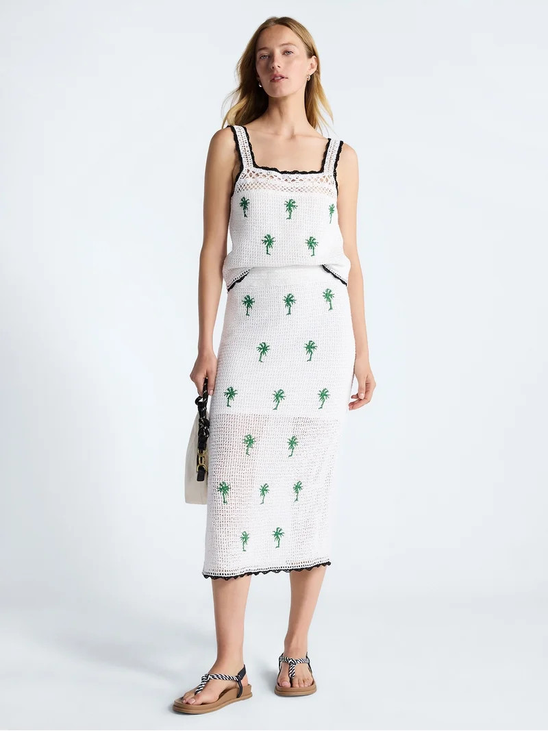 Free Assembly Women's Embroidered Knit Cotton Pencil Midi Skirt, Sizes XS-XXL | Walmart (US)