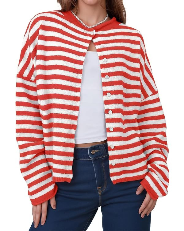 Womens Striped Cardigan Sweaters Casual Trendy Open Front Long Sleeve Button Down Lightweight Kni... | Amazon (US)