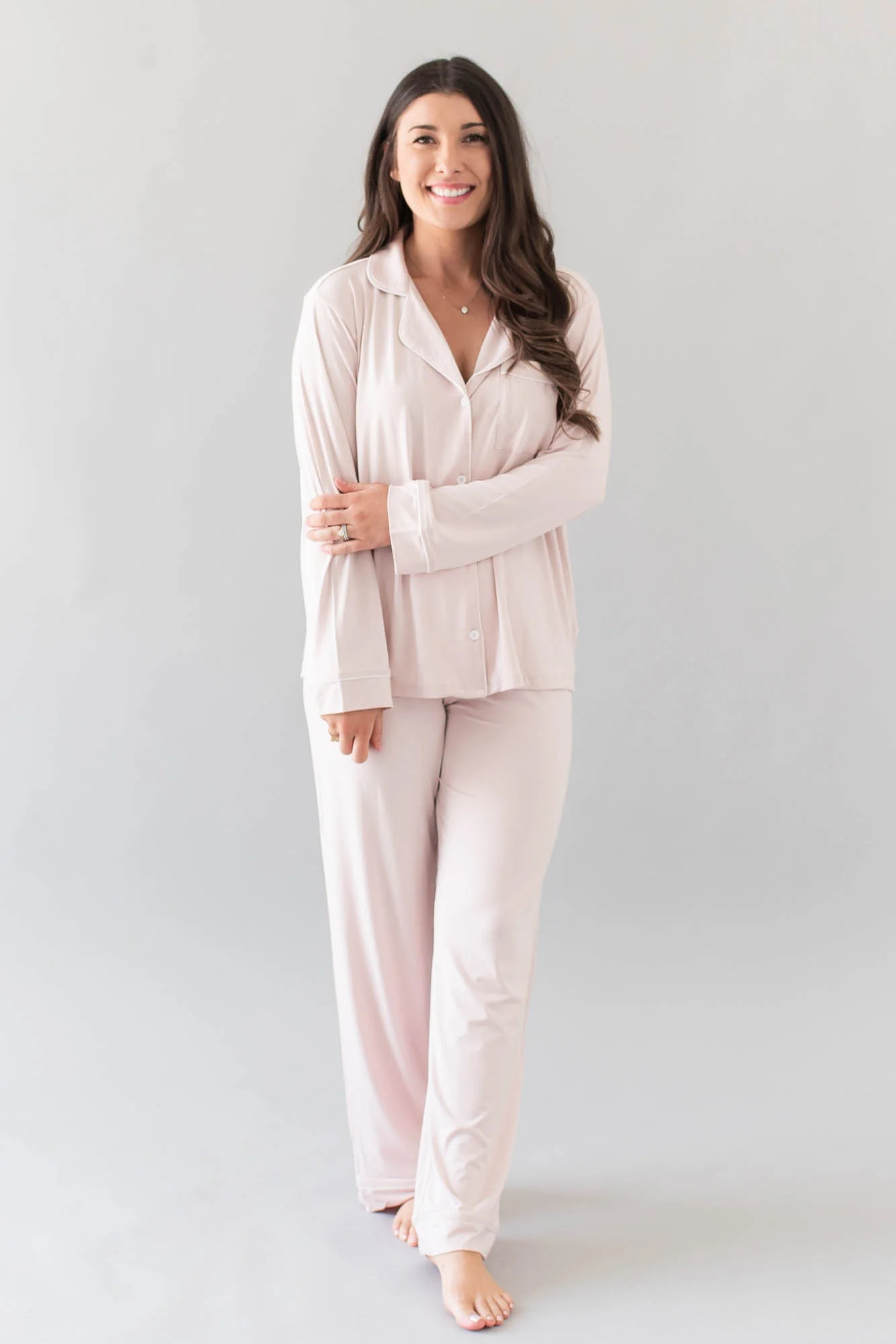 Bamboo Women's Long Sleeve Pajama Set in Blush with Cloud Trim | Kyte Living