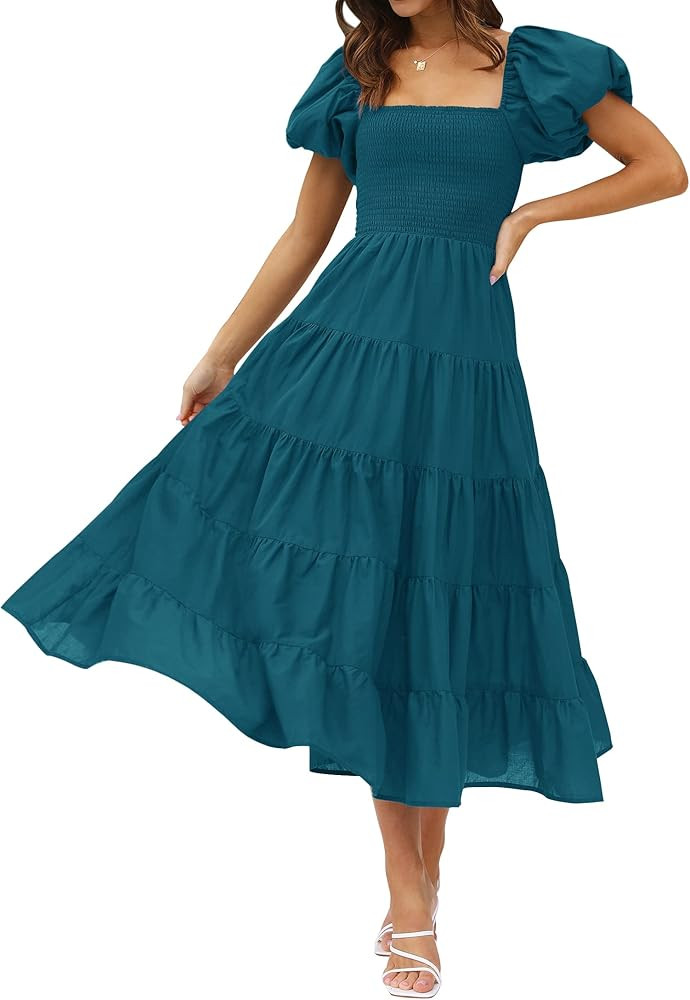 ZESICA Women's 2024 Summer Square Neck Short Puff Sleeve Solid Color High Waist Casual Smocked Fl... | Amazon (US)